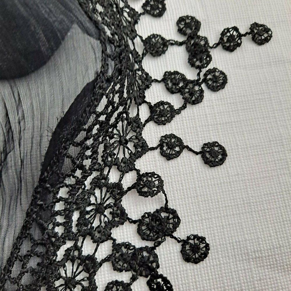 Shawl Sheer Tassel Black Swirl Ribbon Shoulder Cover Triangle 18x74 - Picture 4 of 7